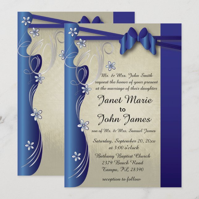 Vintage Classy Curvy Design | Sapphire and Silver Invitation (Front/Back)