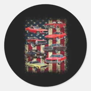 Vintage Clic Muscle Car Retro American Flag Patrio Classic Round Sticker