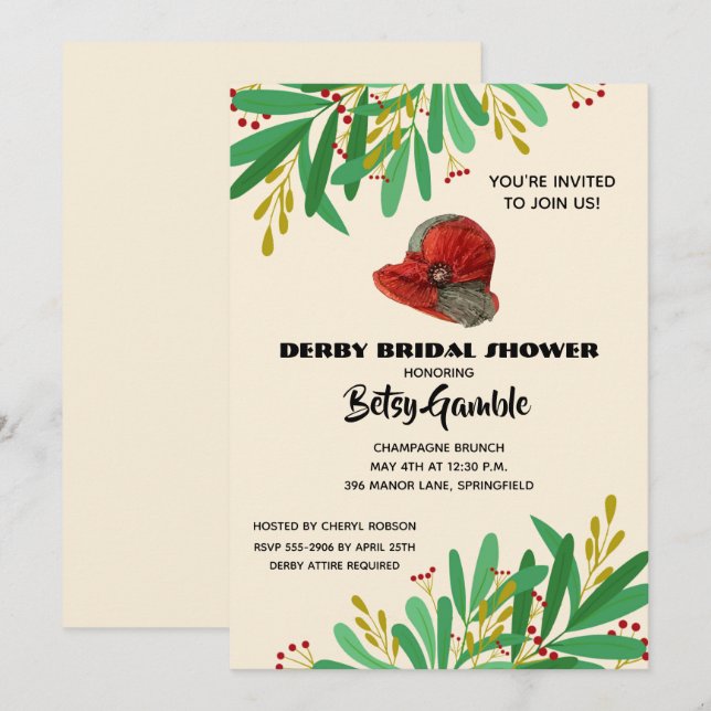 Vintage Cloche Derby Bridal Shower Invitations (Front/Back)