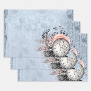 Vintage Clock and Blue Floral Wrapping Paper Sheet
