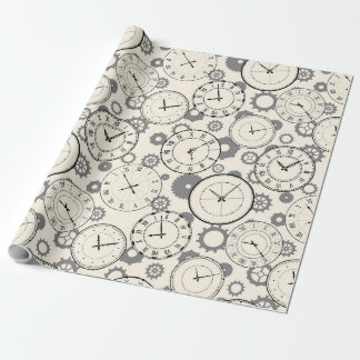Vintage Clock and Gear Pattern Wrapping Paper