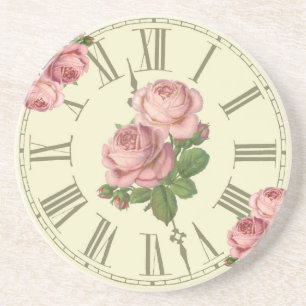 Vintage Clock and Pink Roses Ephemera Coaster