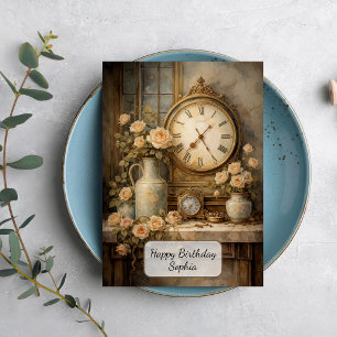 Vintage Clock and Roses Card