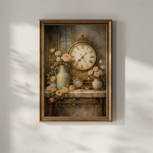 Vintage Clock and Roses Poster
