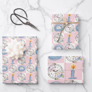 Vintage Clock and Swan Whimsical Pastel Grid Wrapping Paper Sheet
