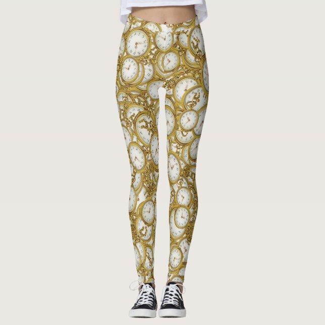 Vintage Clock Motif Pattern Leggings (Front)