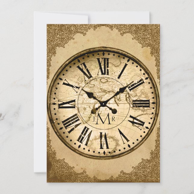 Vintage Clock on Paper First Wedding Anniversary Invitation (Front)
