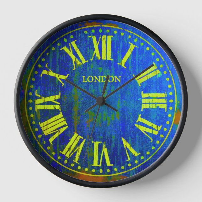 Vintage Clock Roman Numerals Blue Acid Yellow (Front)
