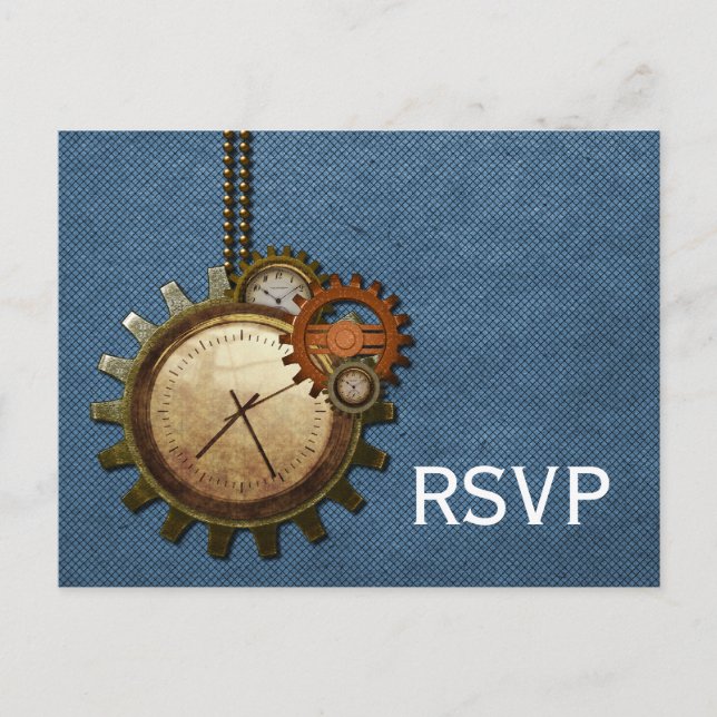 Vintage Clock RSVP Postcard, Blue Invitation Postcard (Front)