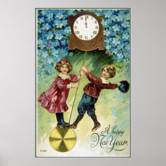 Vintage Clock Turns Midnight Poster
