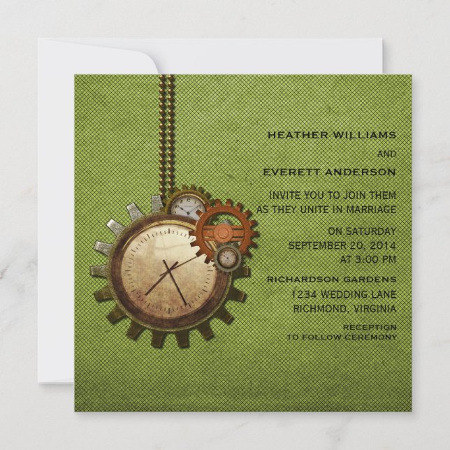 Vintage Clock Wedding Invitation, Green Invitation (Front)