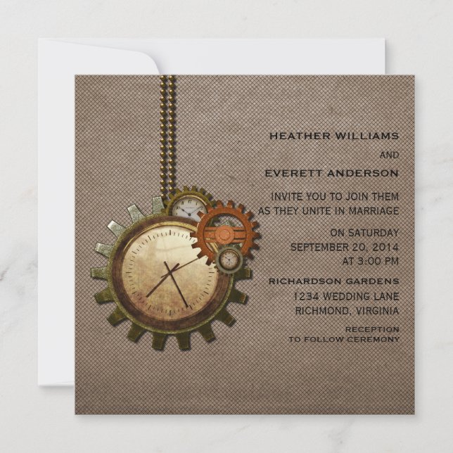 Vintage Clock Wedding Invitation, Mocha Invitation (Front)
