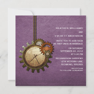 Vintage Clock Wedding Invitation, Purple Invitation