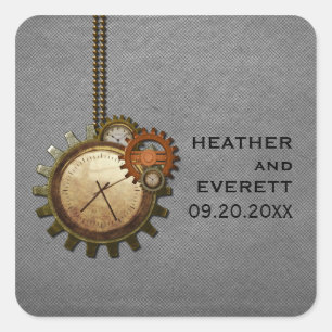 Vintage Clock Wedding Stickers, Grey Square Sticker