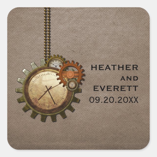 Vintage Clock Wedding Stickers, Mocha Square Sticker (Front)