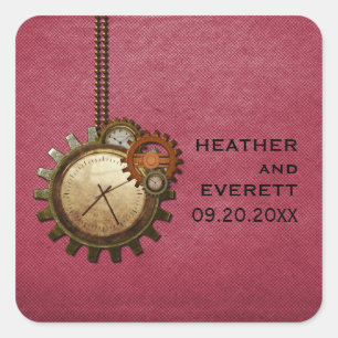 Vintage Clock Wedding Stickers, Pink Square Sticker