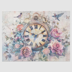 Vintage Clock with Birds and Roses Decoupage Tissue Paper