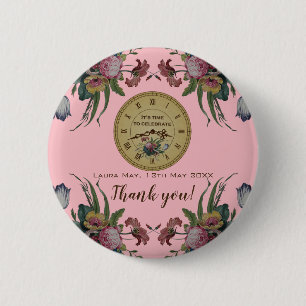Vintage Clock with Flowers Birthday Party 6 Cm Round Badge