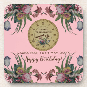 Vintage Clock with Flowers Birthday Party Coaster