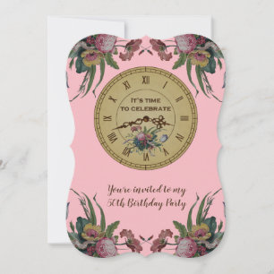 Vintage Clock with Flowers Birthday Party Invitation