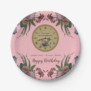 Vintage Clock with Flowers Birthday Party Paper Plate
