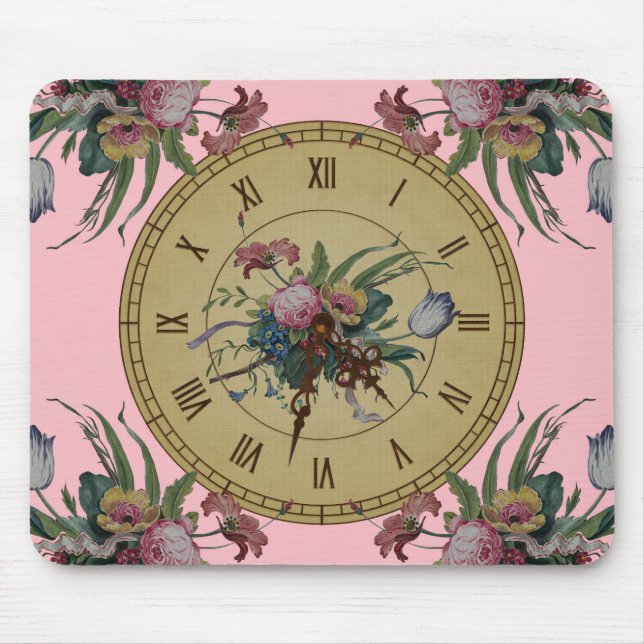 Vintage Clock with Flowers Mouse Mat (Front)