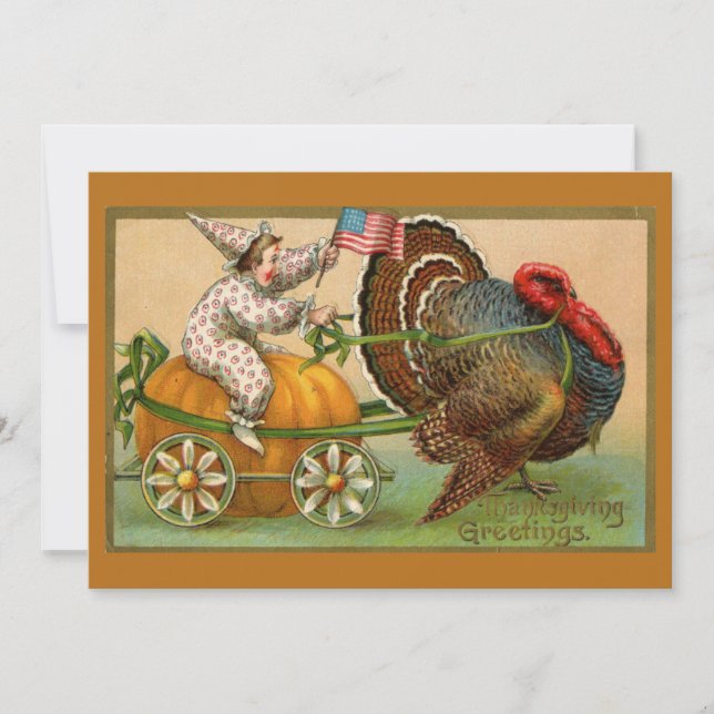 Vintage Clown Boy Riding Thanksgiving Turkey Card (Front)