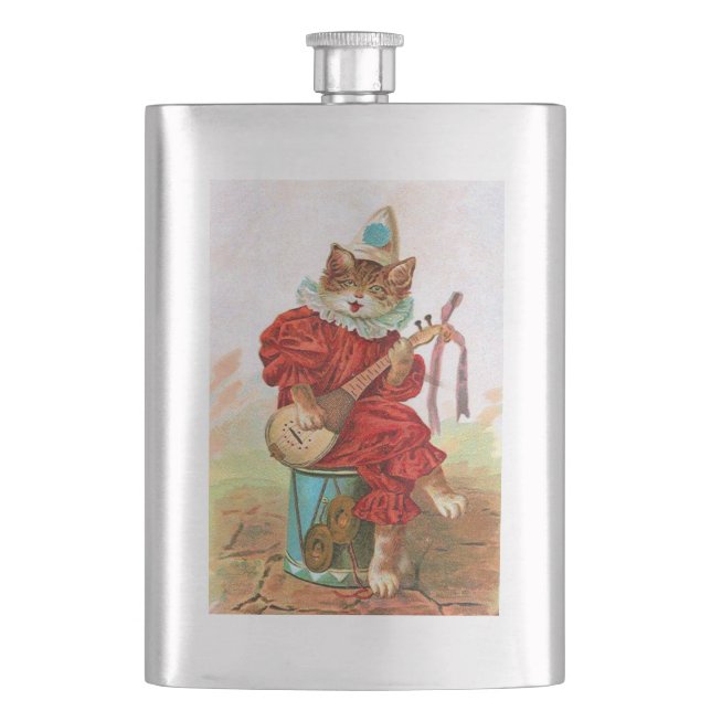 Vintage Clown Jester Musician Cat Mandolin Hip Flask (Front)