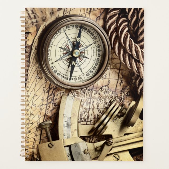 Vintage coastal beach nautical antique compass planner (Front)
