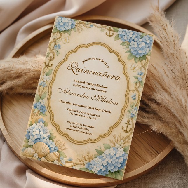 Vintage Coastal Hydrangea Quinceañera Invitation (Creator Uploaded)