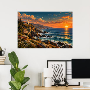 Vintage Coastal Lighthouse Landscape Wall Art