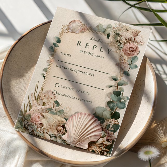 Vintage Coastal Shell Romance Wedding RSVP Card (Creator Uploaded)