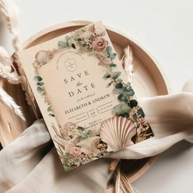Vintage Coastal Shell Romance Wedding Save The Date (Creator Uploaded)