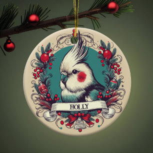 Vintage Cockatiel Christmas Holiday Bird Portrait Ceramic Tree Decoration