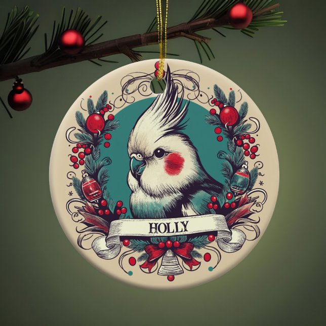 Vintage Cockatiel Christmas Holiday Bird Portrait Ceramic Tree Decoration (Cockatiel Christmas ornament with pet bird's name. Vintage portrait in holiday wreath in trendy teal)
