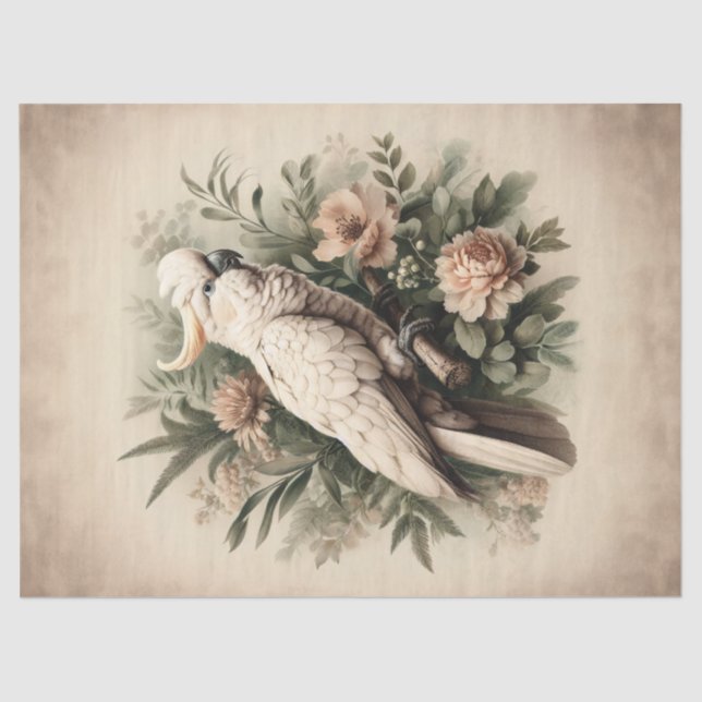 Vintage Cockatoo Botanical Painting Decoupage Tissue Paper (Front)