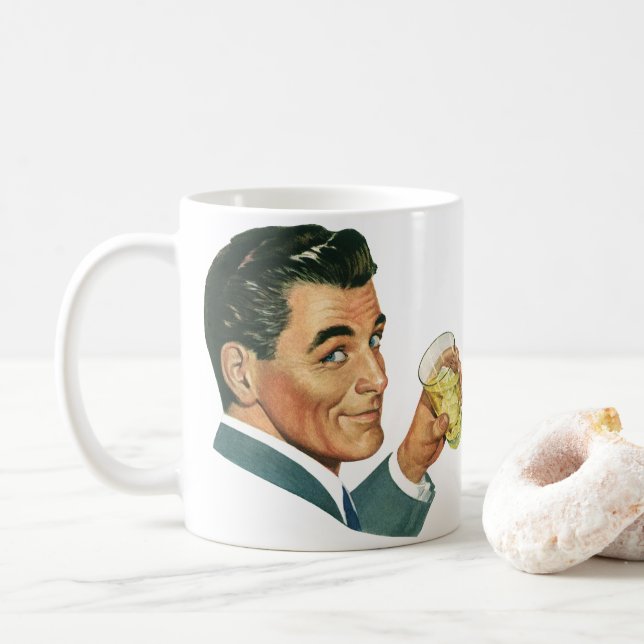 Vintage Cocktails Beverages, Man Drinking Drinks Coffee Mug (With Donut)