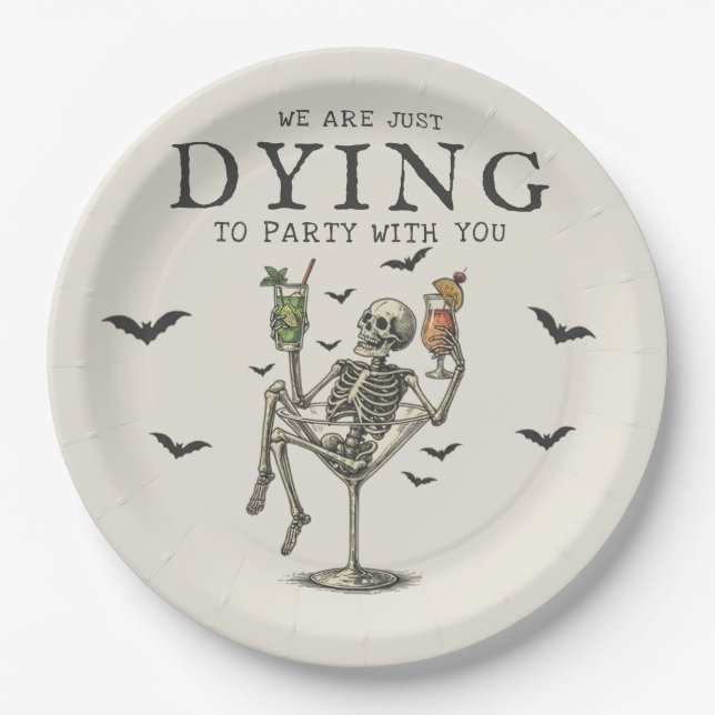 Vintage Cocktails Skeleton Halloween Party Paper Plate (Front)
