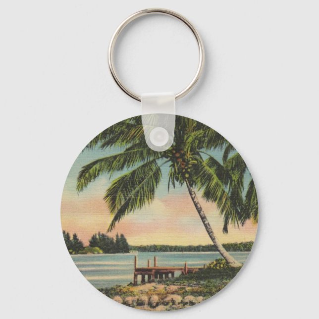 Vintage Coconut Palm Tree Tropical Breeze Sunset Key Ring (Front)
