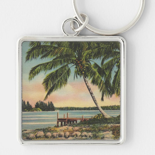 Vintage Coconut Palms Tropical Breeze Sunset Key Ring (Front)