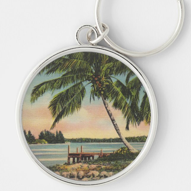 Vintage Coconut Palms Tropical Breeze Sunset Key Ring (Front)