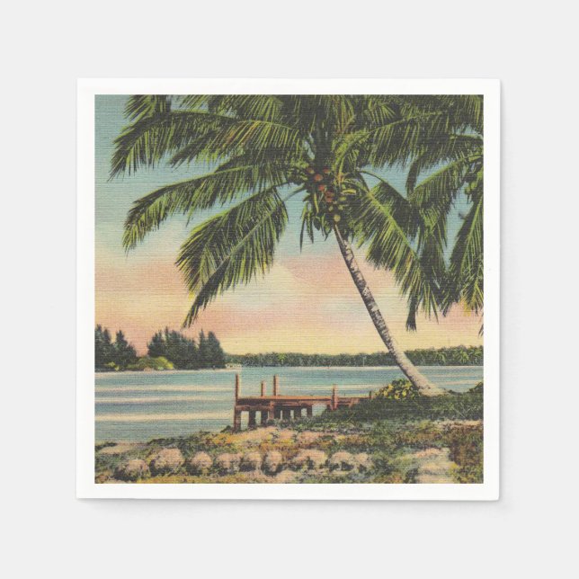 Vintage Coconut Palms Tropical Breeze Sunset Napkin (Front)