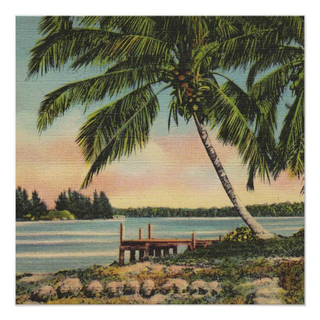 Vintage Coconut Palms Tropical Breeze Sunset Poster (Front)