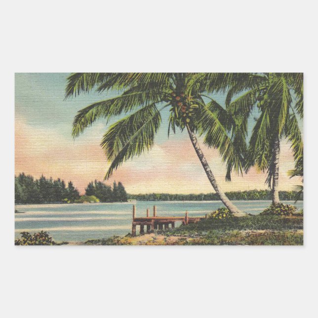 Vintage Coconut Palms Tropical Breeze Sunset Rectangular Sticker (Front)