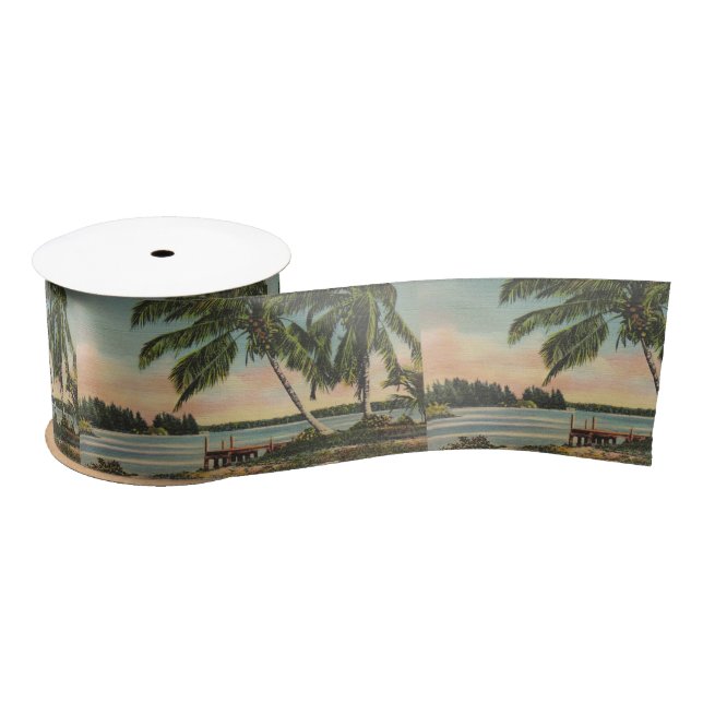 Vintage Coconut Palms Tropical Breeze Sunset Satin Ribbon (Spool)