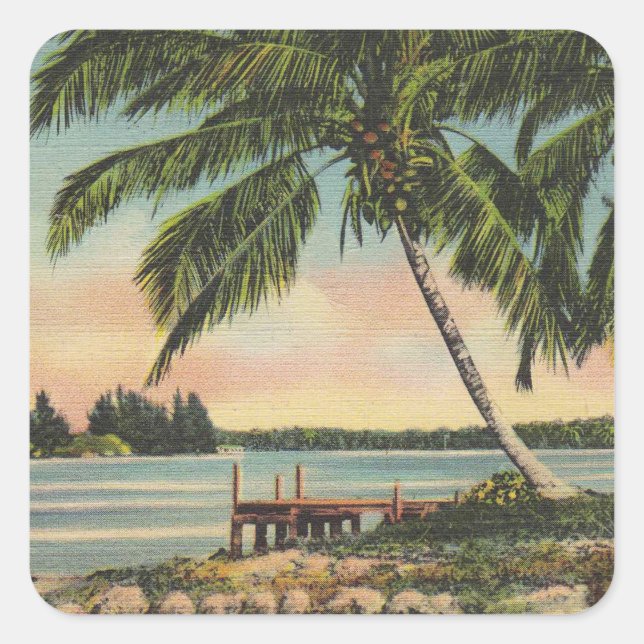 Vintage Coconut Palms Tropical Breeze Sunset Square Sticker (Front)