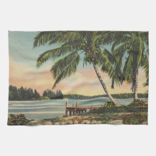 Vintage Coconut Palms Tropical Breeze Sunset Tea Towel