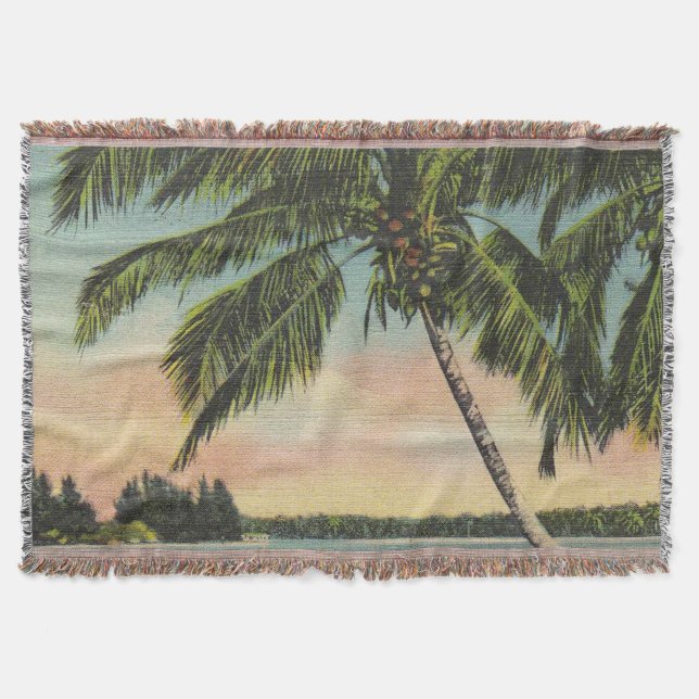 Vintage Coconut Palms Tropical Breeze Sunset Throw Blanket (Front)