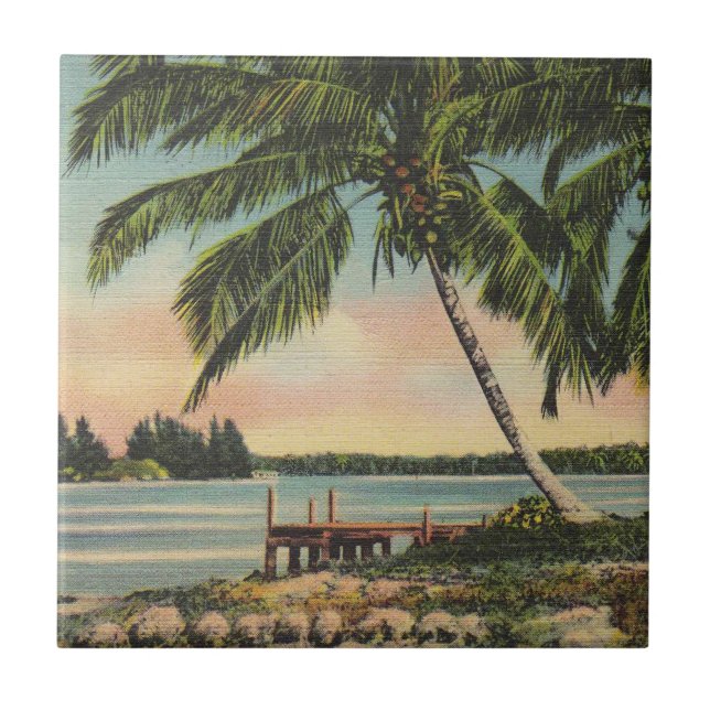 Vintage Coconut Palms Tropical Breeze Sunset Tile (Front)