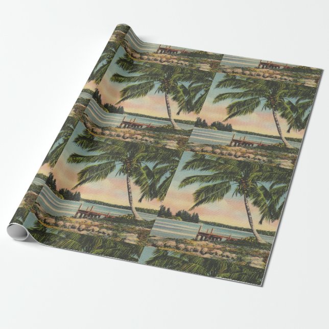 Vintage Coconut Palms Tropical Breeze Sunset Wrapping Paper (Unrolled)